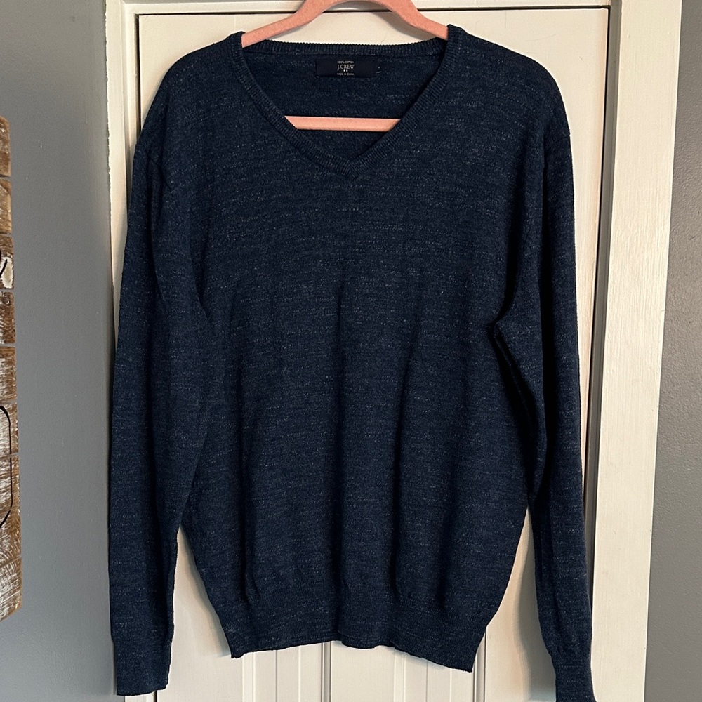 J. Crew Men's 100% Cotton V-Neck Sweater - Deep Blue -Size Large